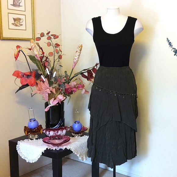 NWT Women Olive Green 2-Layers of Tiered Lined Skirt Elastic High Waist Skirt 14 - Picture 10 of 11
